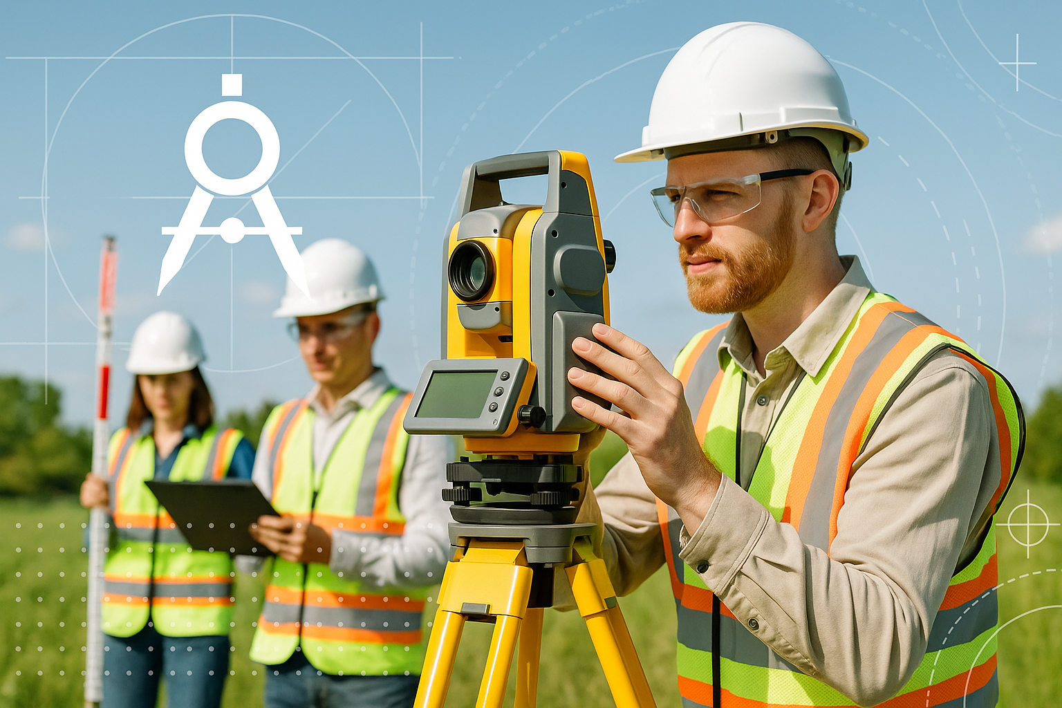 Field survey team working with total station